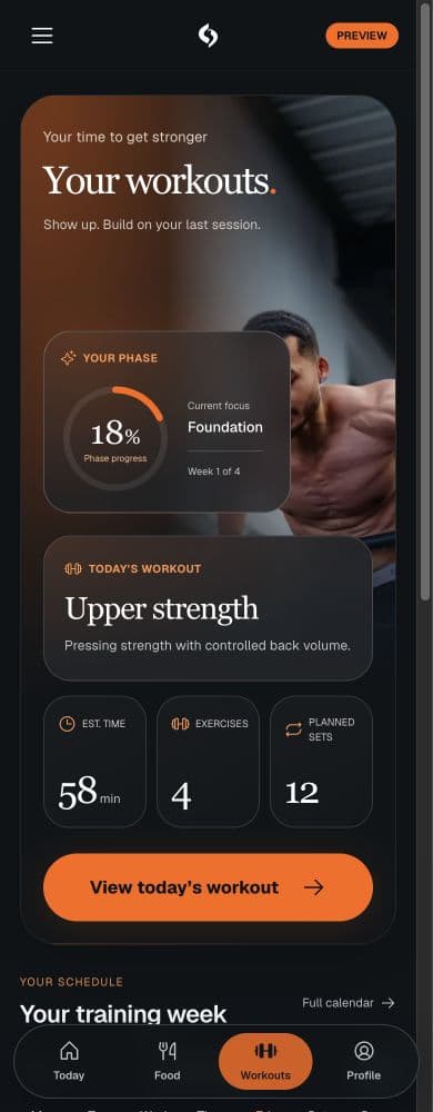 Real Human training screen showing a prescribed workout; demo account